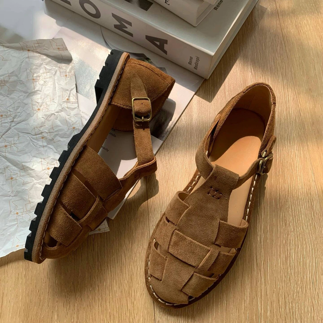 复古编织罗马凉鞋女25年夏季新款软底小众设计正品低跟镂空猪笼鞋