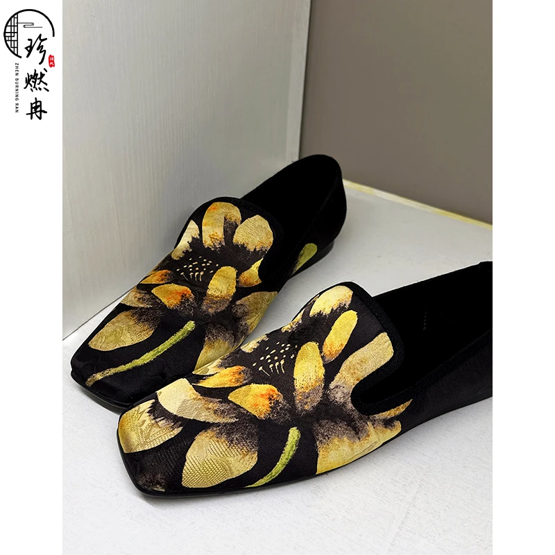 【珍珍新中式】【墨底金葵步云履】新印花夏季轻奢百搭凉拖P-96411