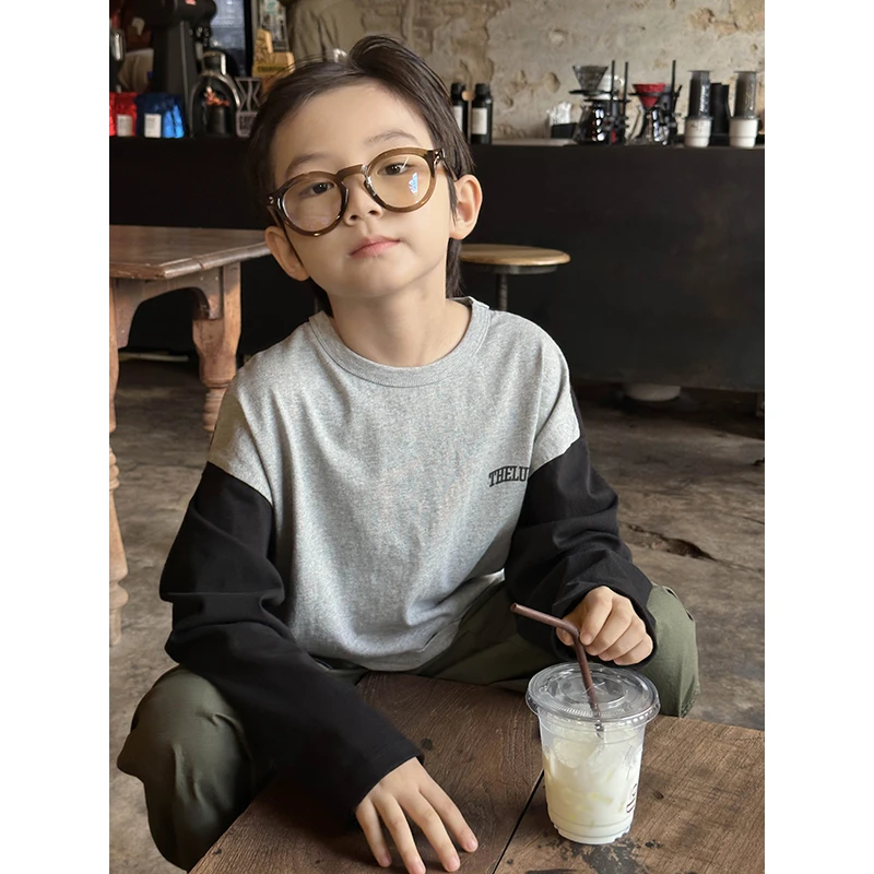 【清仓】略略童装儿童春秋款纯棉撞色拼接长袖T恤251TX3097