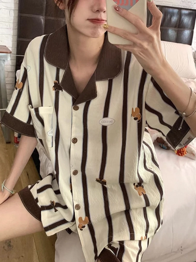 可爱小狗条纹夏季短袖短裤女款睡衣舒适宽松可爱薄款可外穿家居服