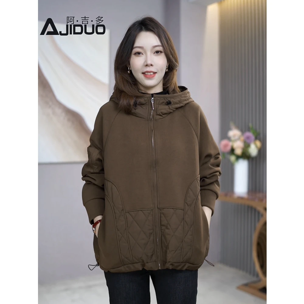 A65098大码时尚拼接棉服外套秋冬2024年新款休闲连帽中年宽松