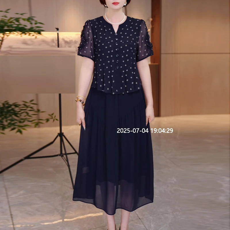 假两件洋气复古波点连衣裙女2025夏季新款妈妈装时尚气质减龄裙子