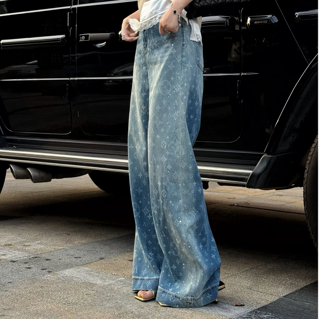 韩版重工字母印花烫钻阔腿牛仔裤高腰显瘦2025春款新款KZL25