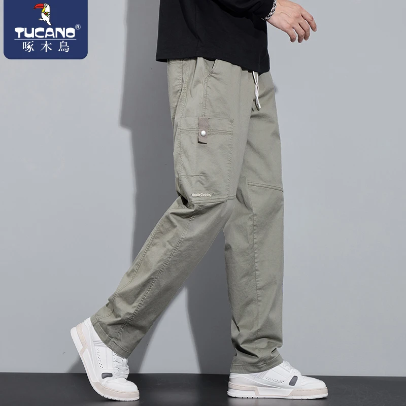 啄木鸟夏季款休闲裤男款宽松直筒长裤男士潮流拼接多口袋工装裤子