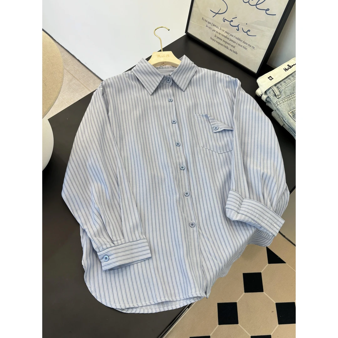 简约设计感纯色条纹衬衫女韩系小个子上衣2025春季新款时尚百搭