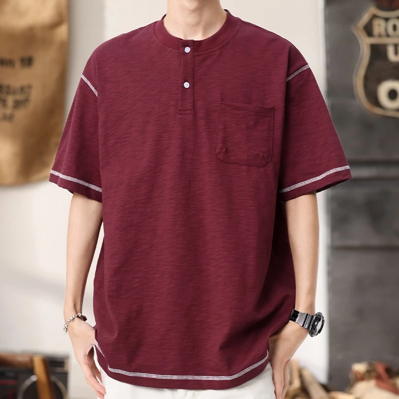 夏季薄款衫短袖男酒红色透气宽松半袖体恤衫休闲男款爆款2025新款
