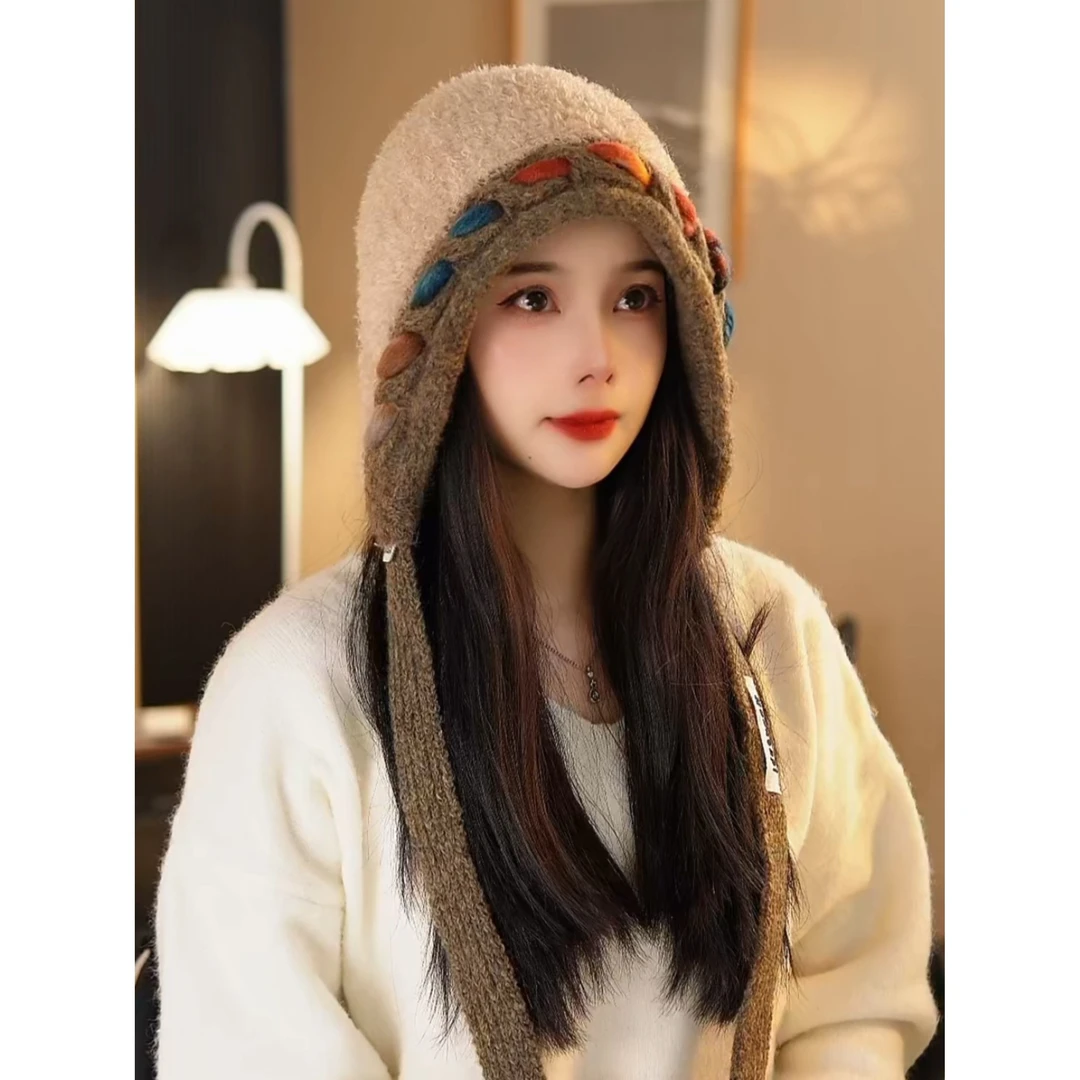 日系彩色针织流苏包头帽子女秋冬季新款毛绒保暖出游氛围感套头帽