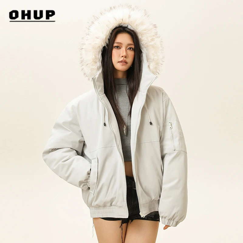 OHUP男女同款外套连帽毛领派高级感克棉服冬季加厚保暖时尚情侣款