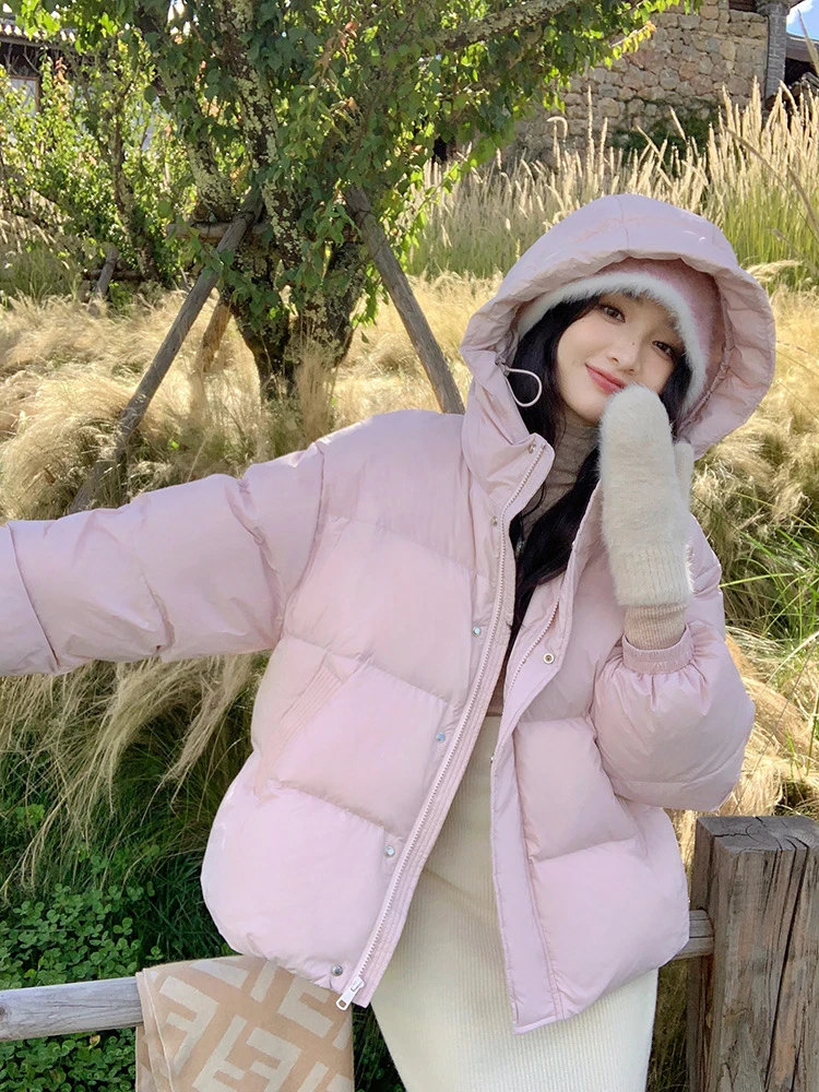 【粉色 白色S码链接】2025羽绒服女短款带帽加厚休闲宽松羽绒外套
