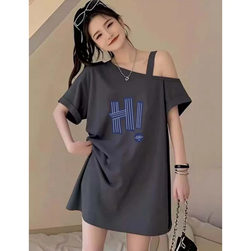 纯棉夏季露肩设计感大码宽松短袖t恤女宽松显瘦半袖小众上衣潮ins