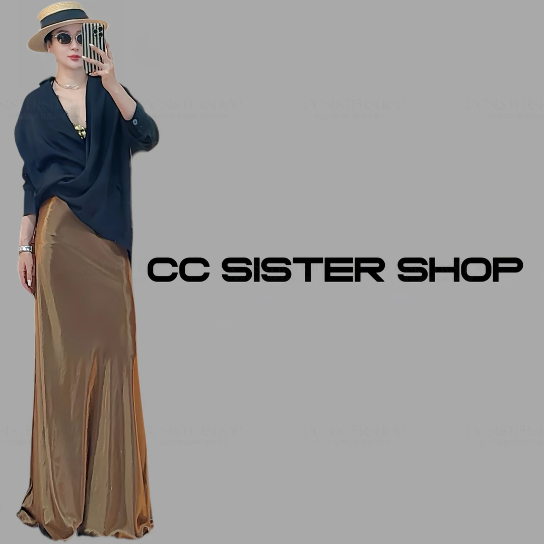 CC SISTER SHOP 简约奢华缎面鎏光垂感斜裁高腰鱼尾拖地长裙