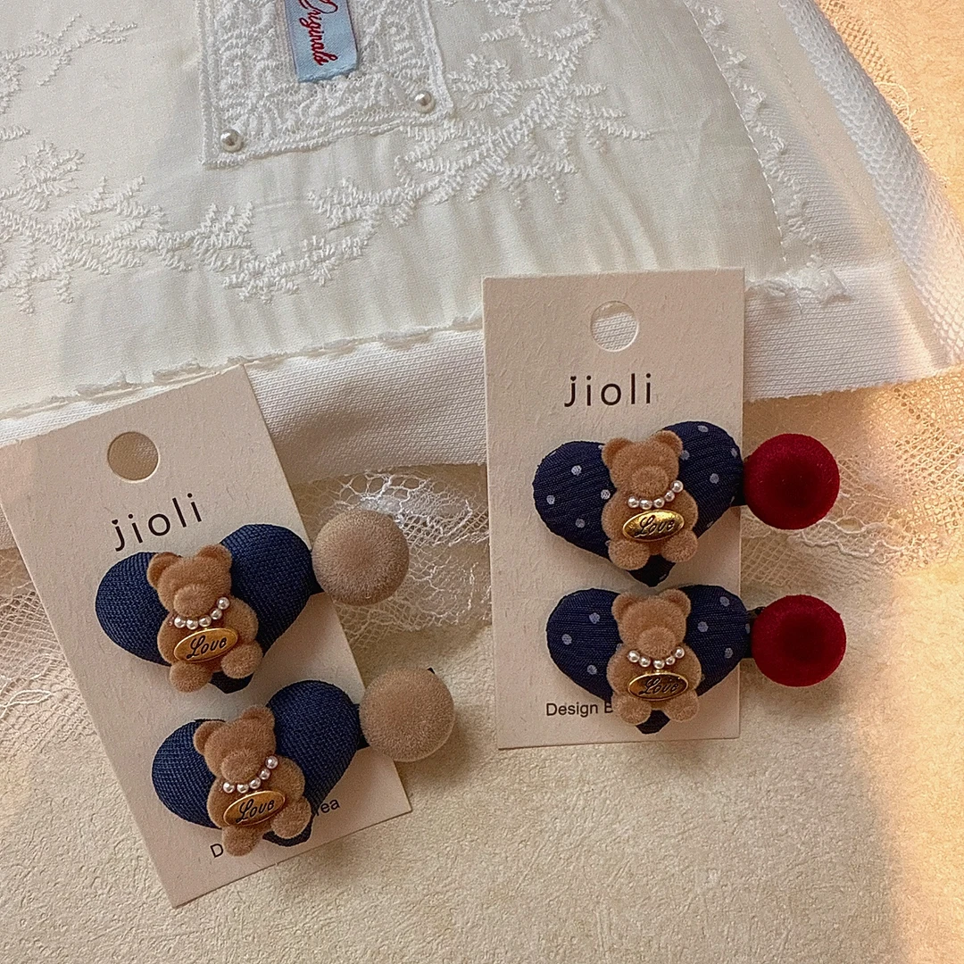 jioli/椒莉韩系甜美可爱植绒小熊发夹甜酷风爱心边夹高级感鸭嘴夹