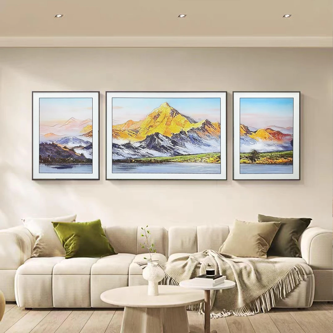 D27日照金山加长三联高端皮革微雕手工鎏金肌理客厅过道走廊挂画