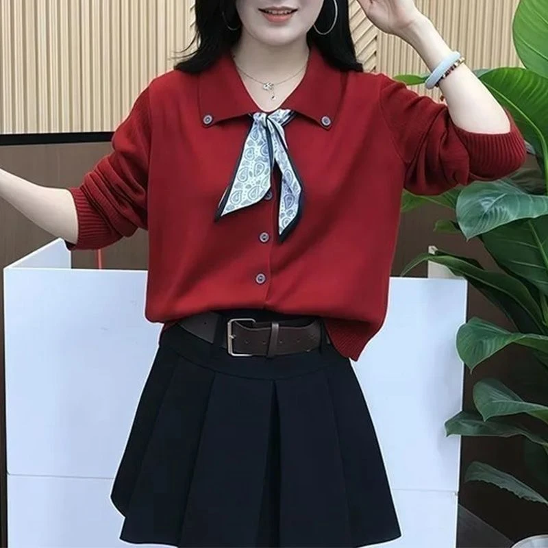 秋季新款韩版丝巾翻领针织衫爆款女百搭宽松显瘦polo领毛衣外套
