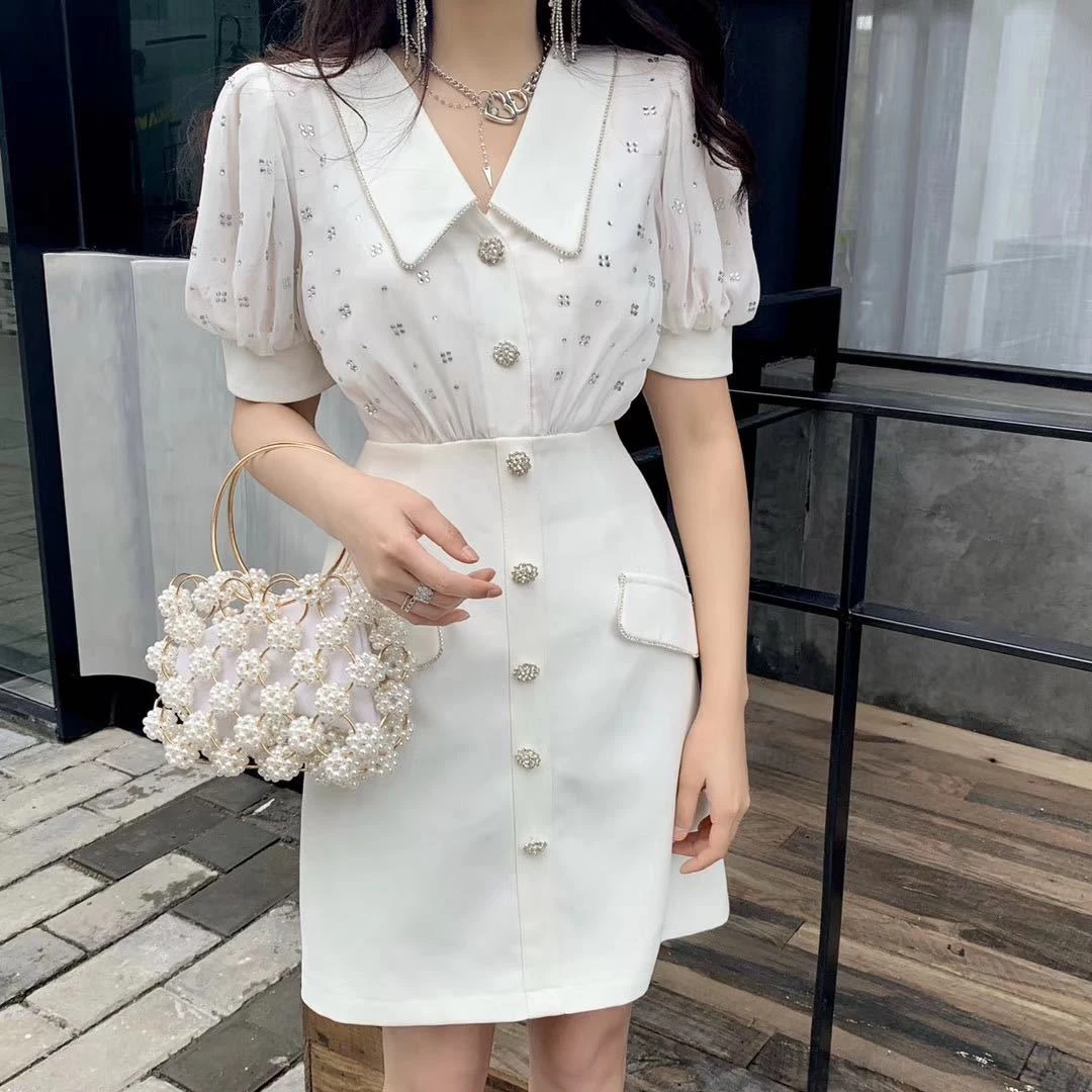 2025夏季新品时尚女装翻领气质白色名媛烫钻法式连衣裙夏小香风