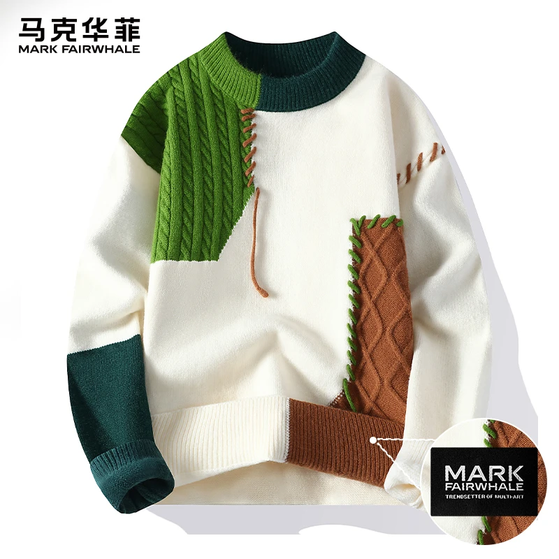 马克华菲拼色圆领毛衣秋冬季宽松潮牌保暖针织衫慵懒风休闲打底衫