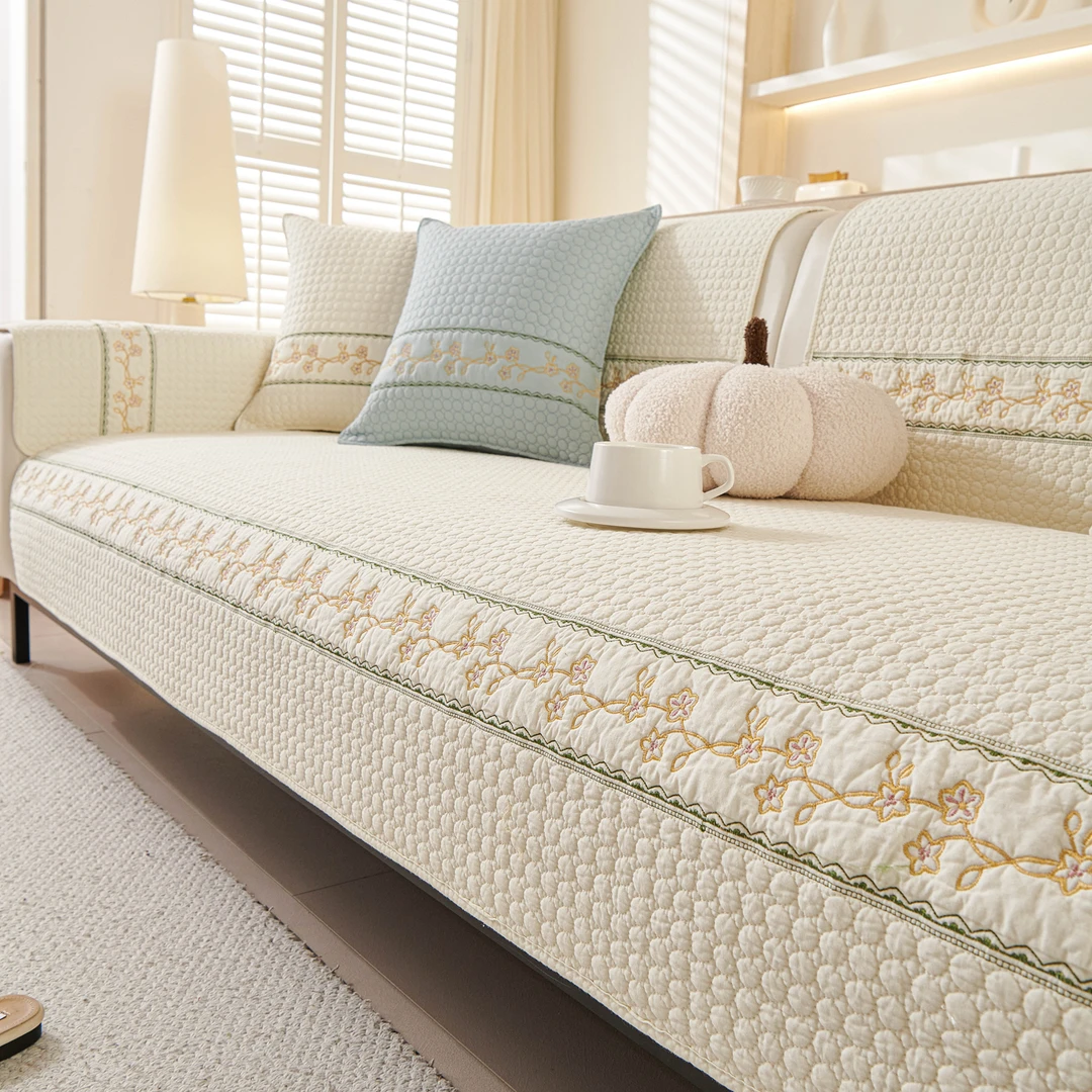 重工刺绣水洗全棉沙发垫奶油风沙发套罩四季通用客厅坐垫简约防滑