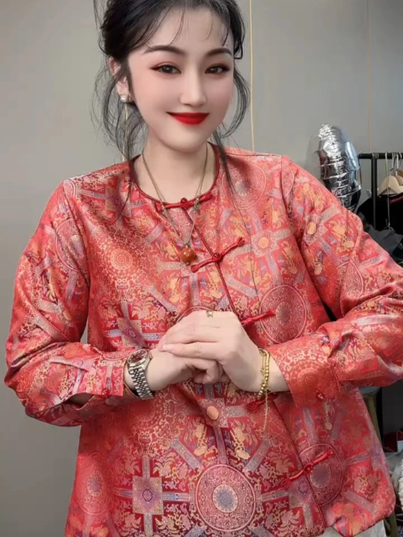 2025秋冬国风盘扣斜襟提花开衫外套新款新中式遮肉拼接彩色刺绣衫