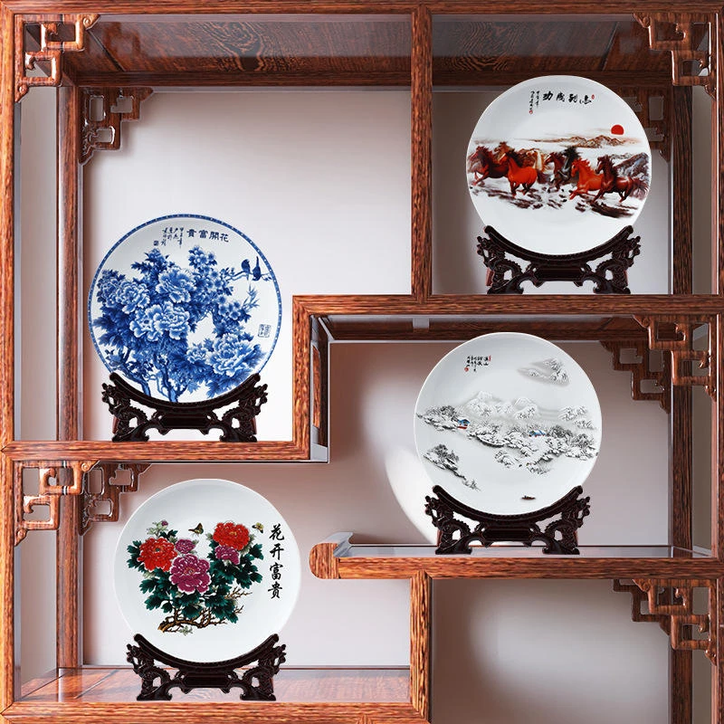 家居挂盘景德镇陶瓷瓷器装饰坐盘现代中式玄关粉彩贴花工艺品摆件
