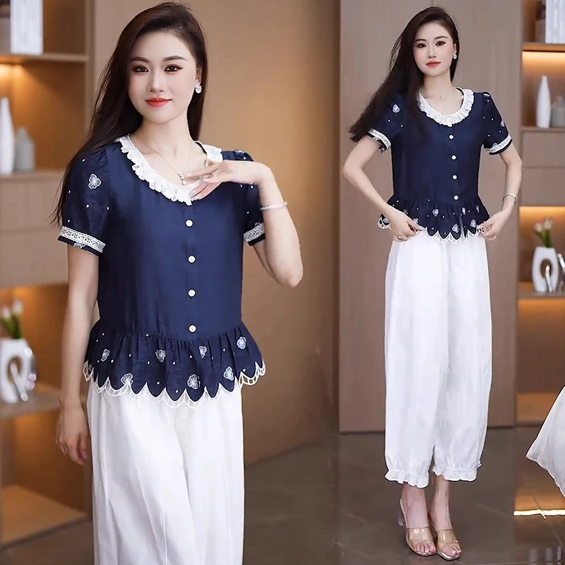 时尚短袖衬衫套装女2025夏季新款洋气质显瘦拼接蕾丝花边百搭上衣