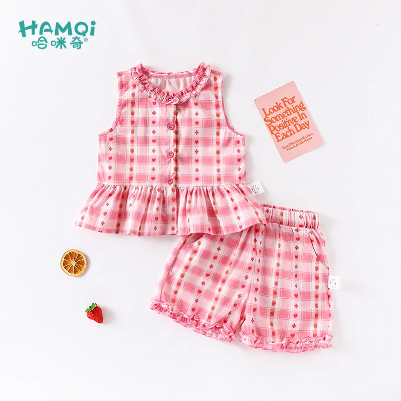 女童无袖套装夏季童装宝宝新款韩版格子上衣短裤两件套小儿童衣服