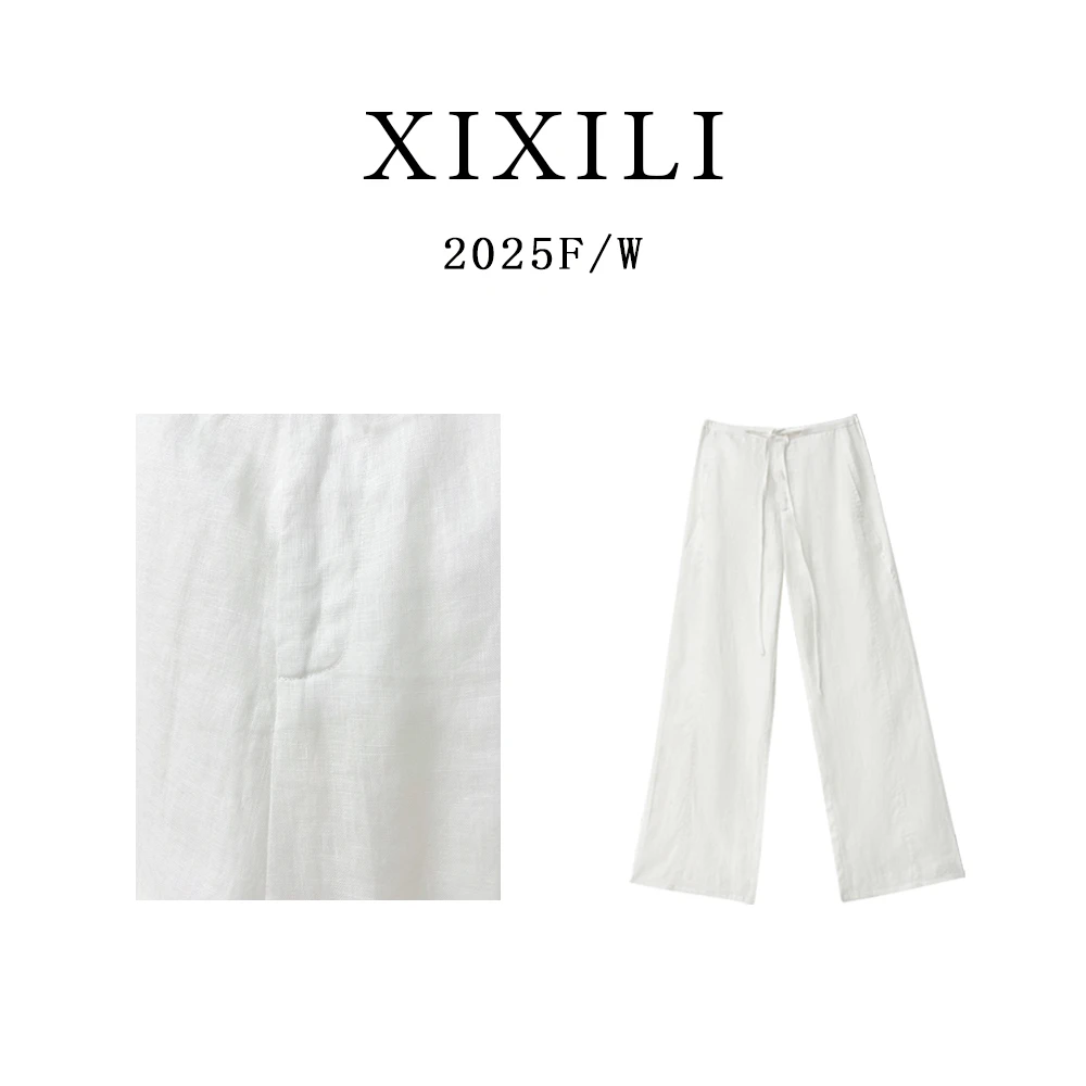 LC044-拉夫风100%亚麻休闲裤长裤阔腿裤白色高腰极简阔腿裤