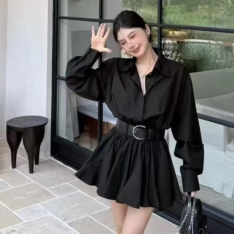 早秋显瘦小众A字裙黑色短裙气质老钱风裙子复古翻领衬衫连衣裙女