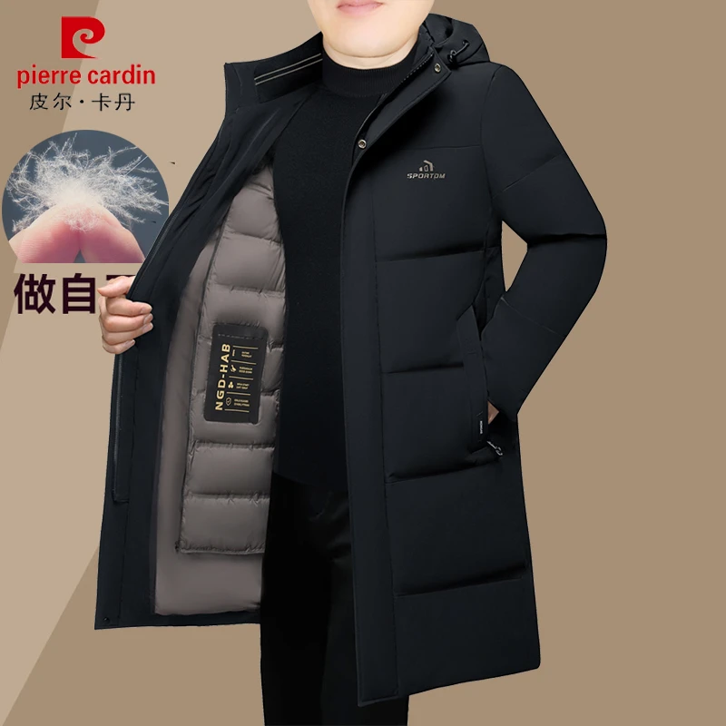 皮尔卡丹双层鸭绒内胆可拆卸羽绒服男中年长款过膝外套商务男装冬