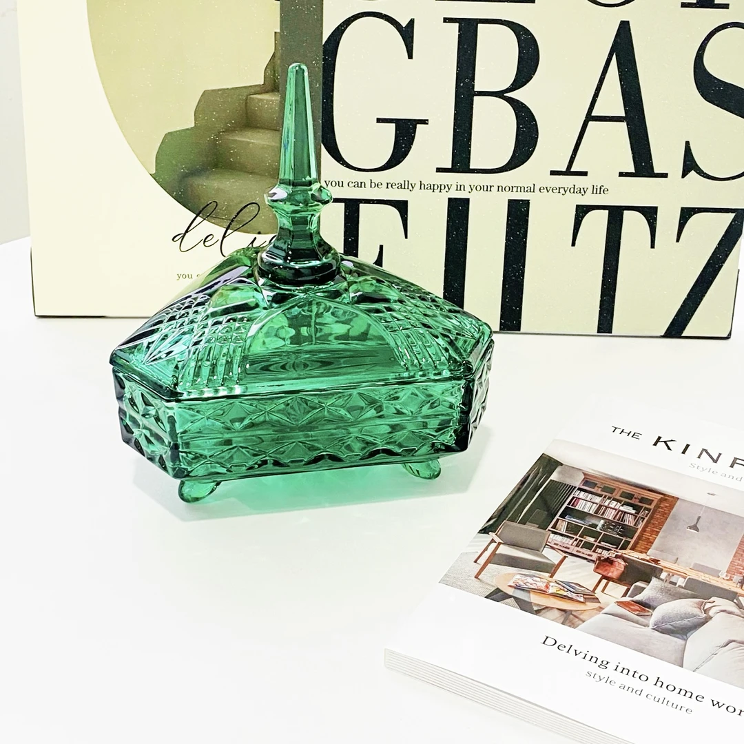 墨绿色三角高档客厅绿色收纳摆件储物装饰糖果罐