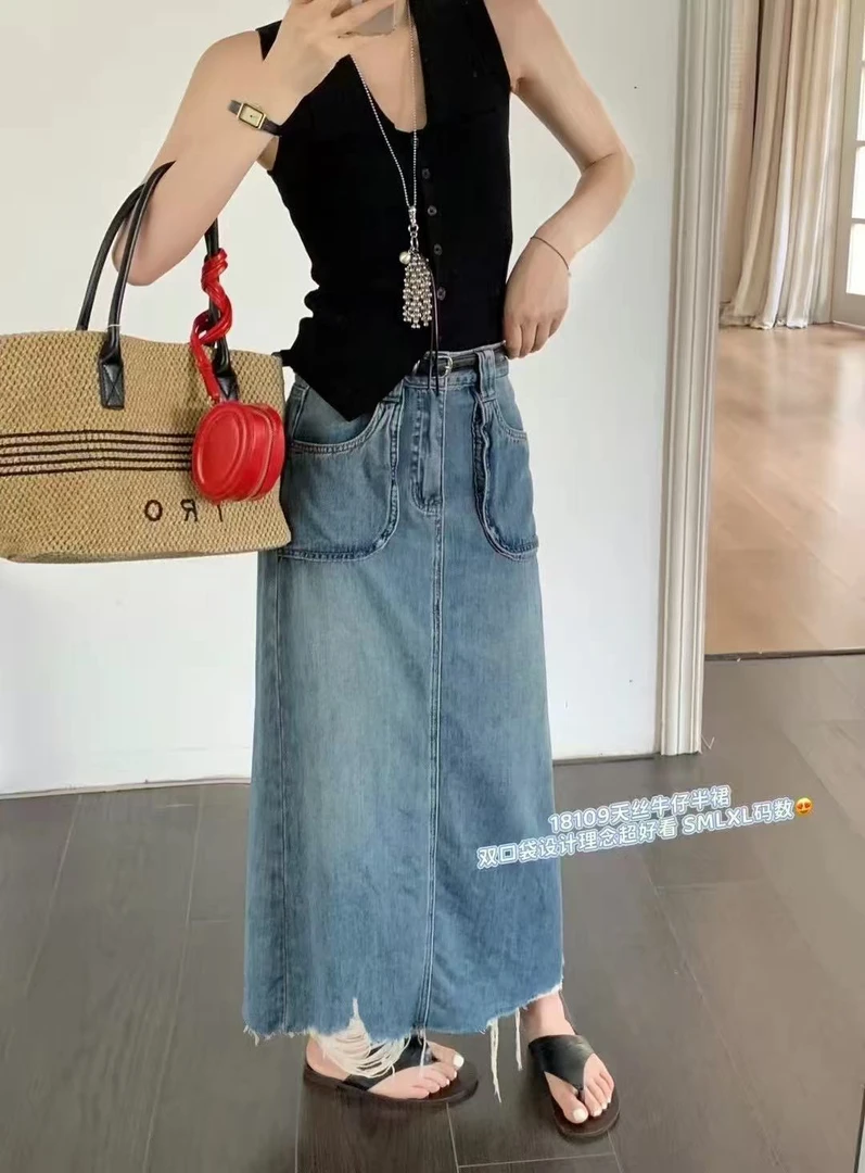 2025夏季新款高腰显瘦破洞毛边牛仔半身裙女18168