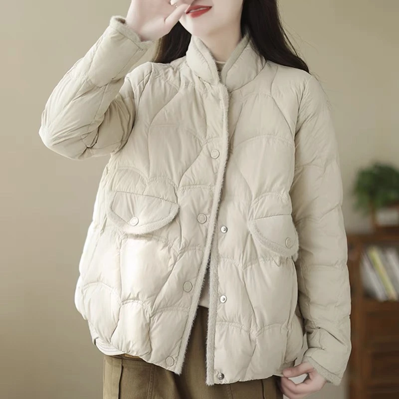 小果家 轻薄款立领白鸭绒羽绒服冬季气质小香风短款宽松外套女