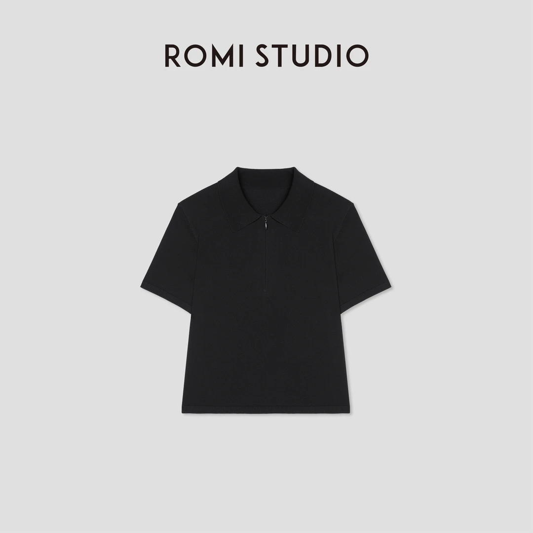 ROMI STUDIO“简约舒适”黑色弹力修身半开领短袖上衣 RW24AST0999