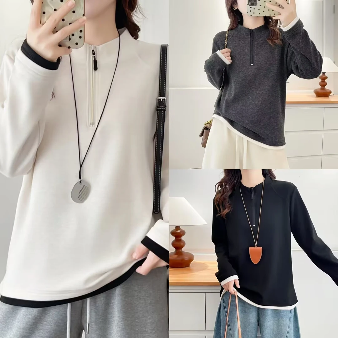 冬季新款加绒磨毛打底衫半拉链时尚宽松洋气百搭长袖打底加厚卫衣