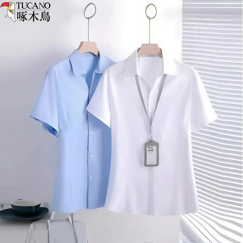 TUCANO/啄木鳥单排多扣短袖衬衫女士V领正装夏季白色韩版薄款上衣