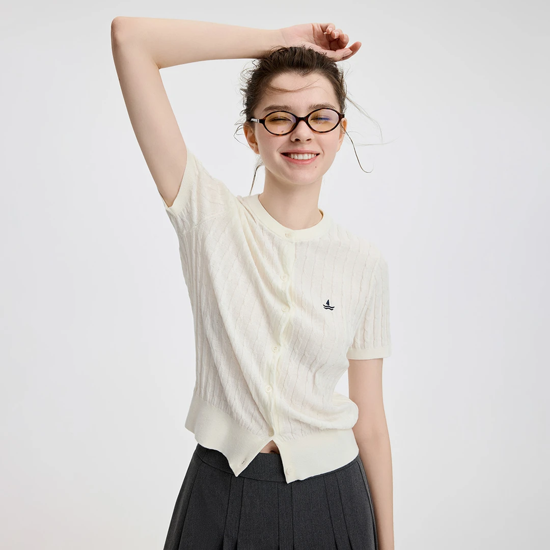 navigare意大利小帆船夏季减龄短袖针织开衫女士薄款休闲圆领上衣