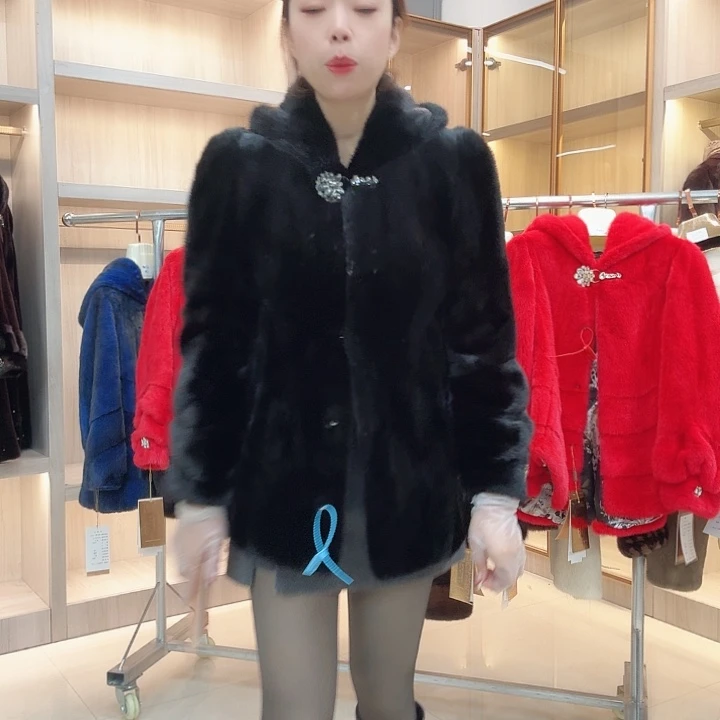 黑色连帽貂皮yh0376