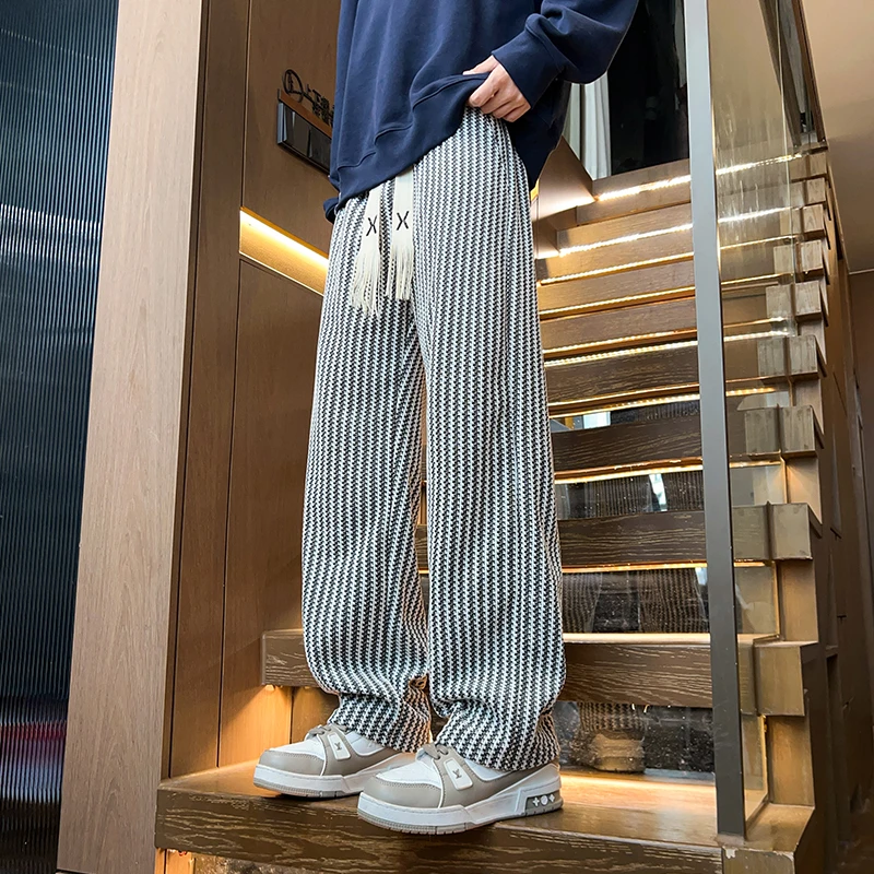 美式条纹编织男士春秋季潮牌宽松直筒裤阔腿裤青少年垂感休闲裤