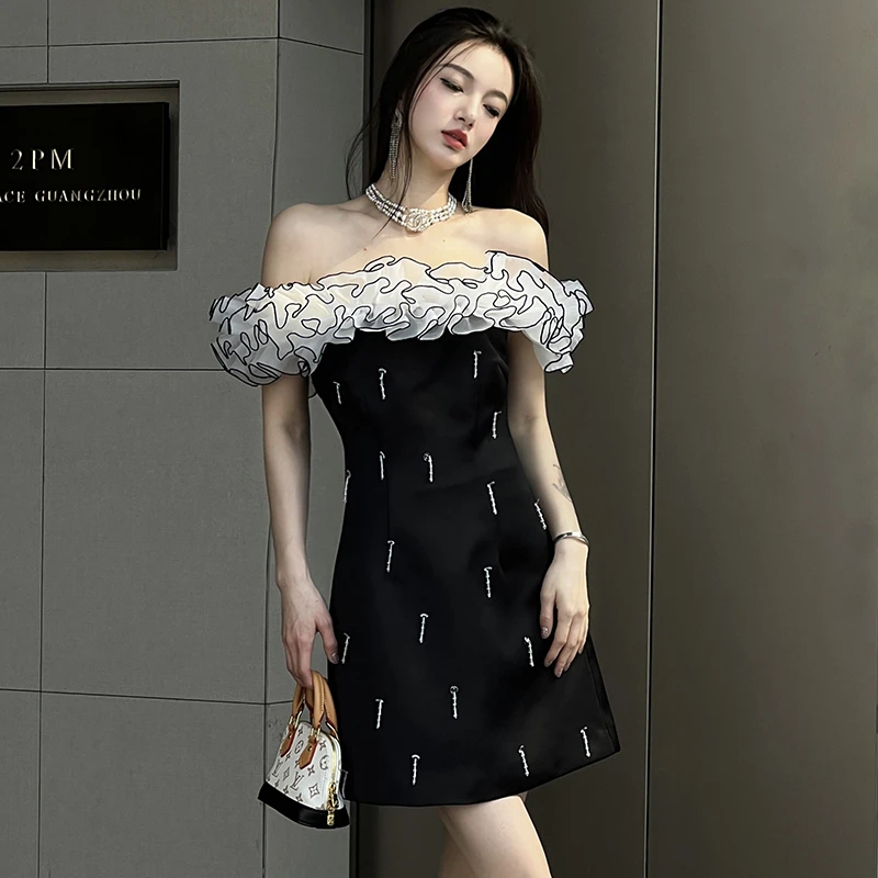 千千【设计师定制】一字肩抹胸黑色小礼服女神范流苏连衣裙50817