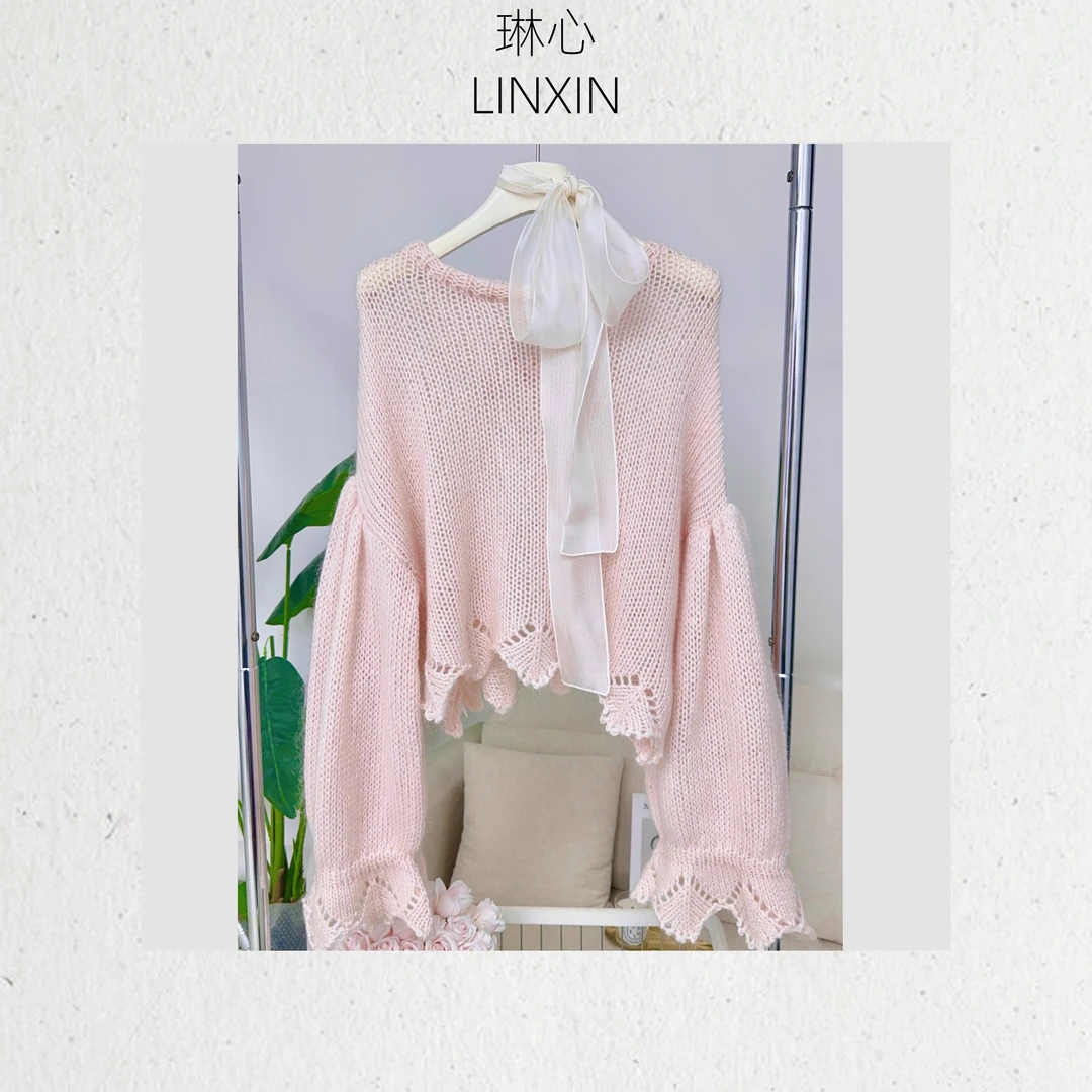 秋冬时尚百搭气质松弛感粉色蝴蝶结套头针织衫0770