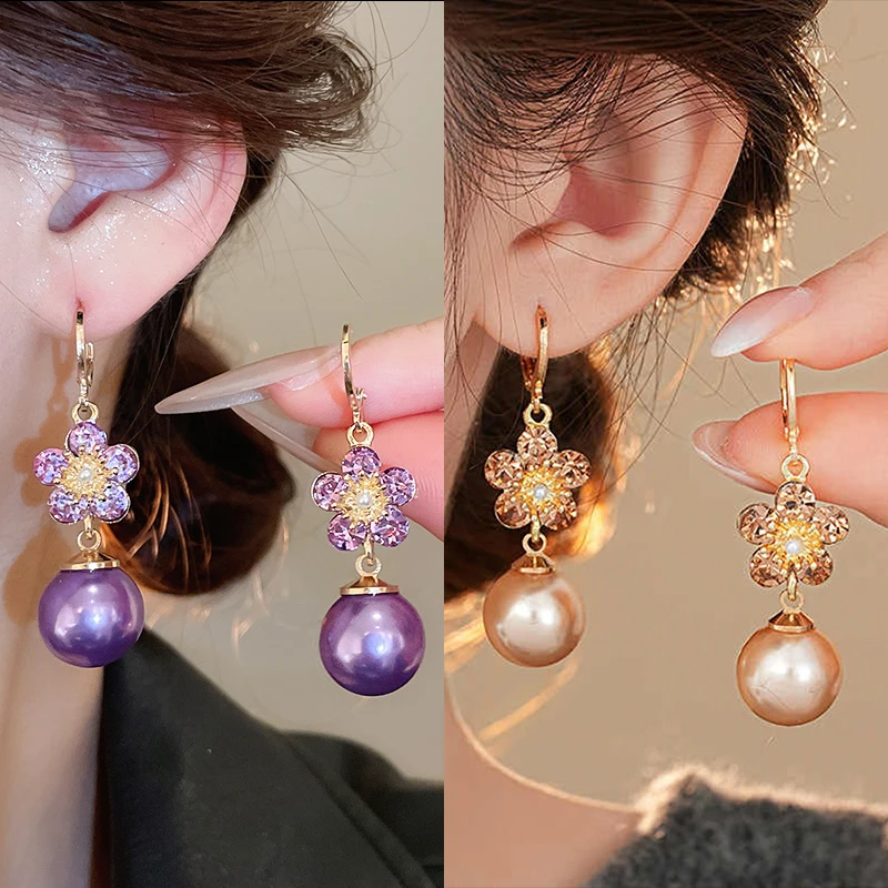 合金耳饰 高贵气质时尚百搭耳环紫色花朵耳饰女法式精致优雅耳坠