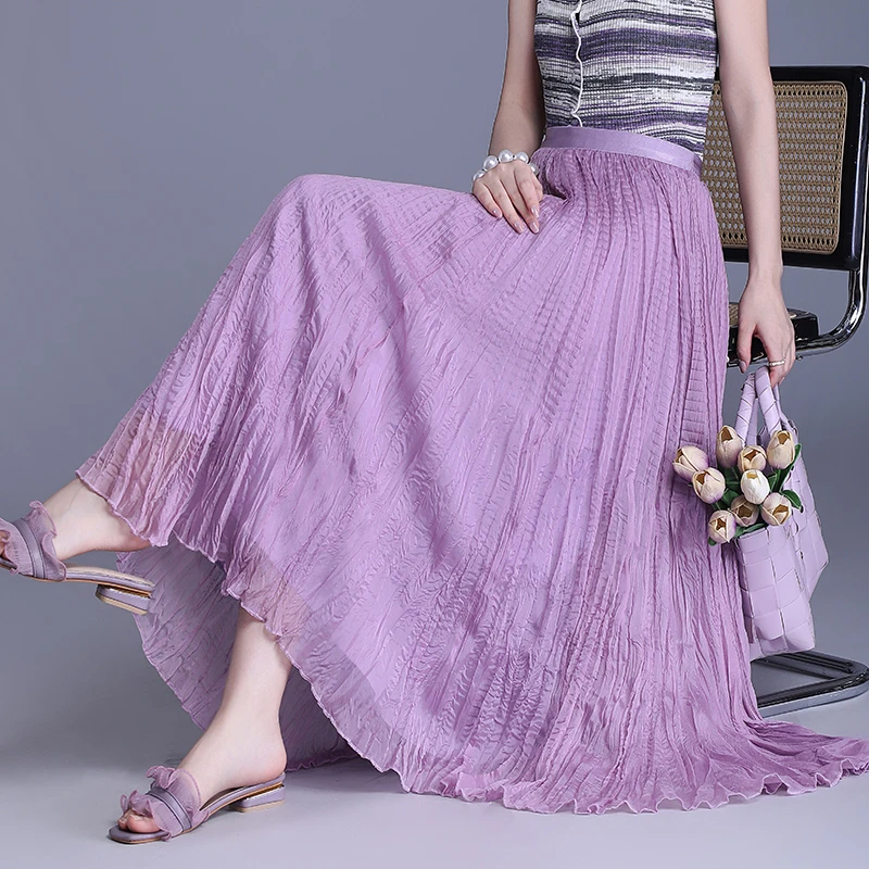 百褶半身裙女2025夏季松紧高腰垂感显瘦中长款褶皱A字裙仙女裙