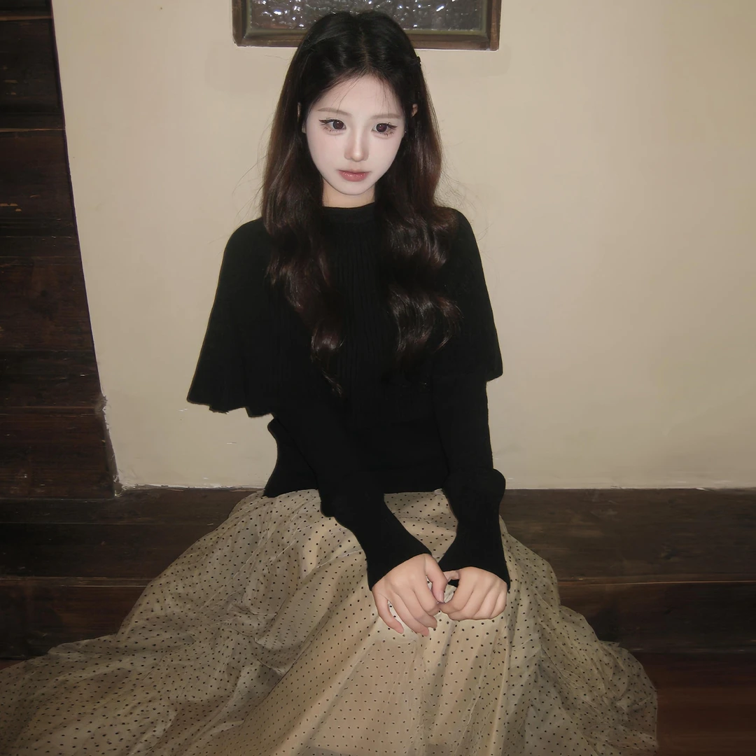 法式财阀千金气质斗篷披肩软糯毛衣韩系网纱波点长裙一整套装2026