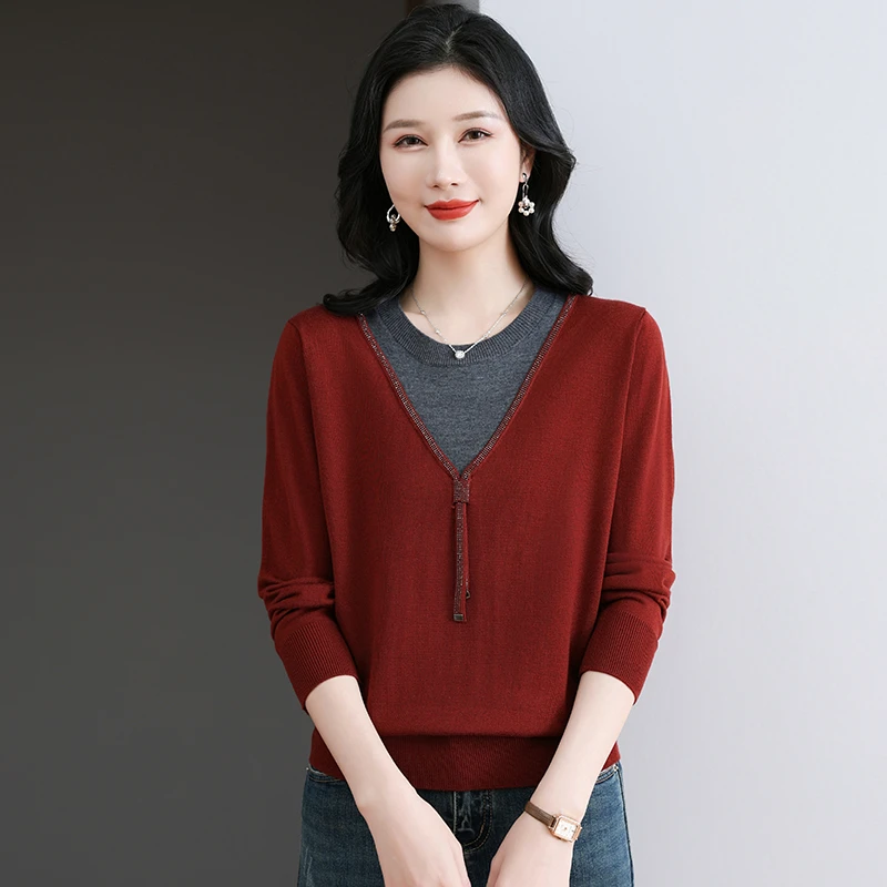 2025春季新款气质上衣撞色圆领长袖针织衫毛衣宽松显瘦