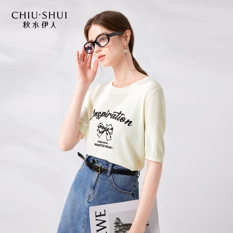 【陈大可】秋水伊人简约时尚绣花圆领针织衫2024夏季新款女通勤百搭