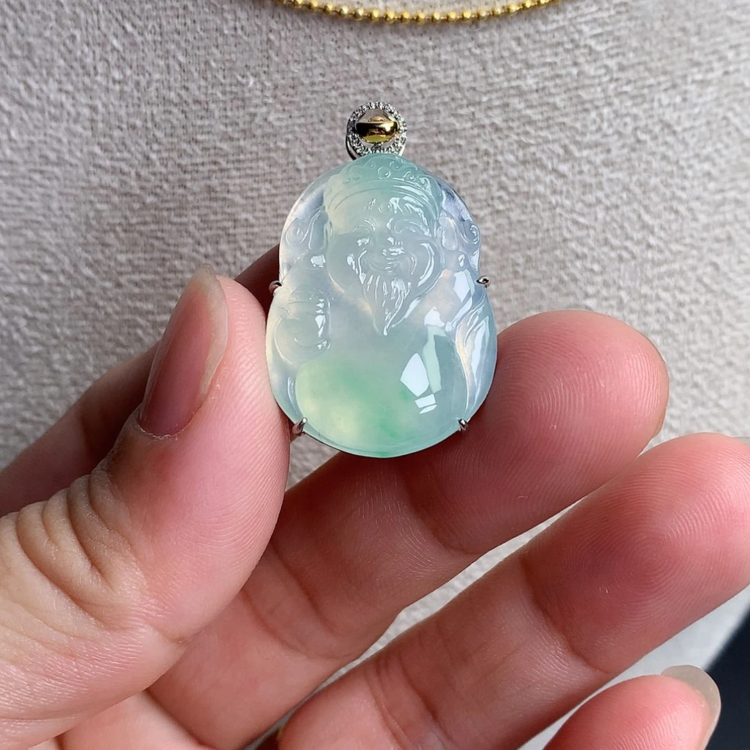 翡翠裸石18K金镶嵌缅甸天然A货翡翠冰种财神爷