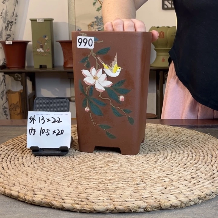 花盆紫砂 紫泥手绘圆角签筒990