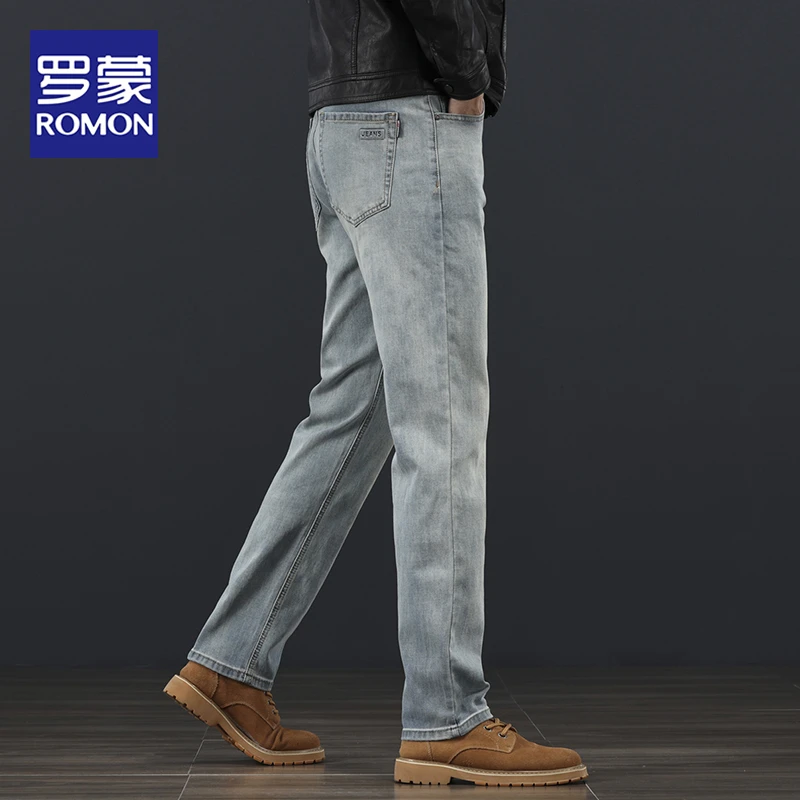 罗蒙2025新款高端弹力牛仔裤男款秋季加绒厚款宽松直筒复古长裤子