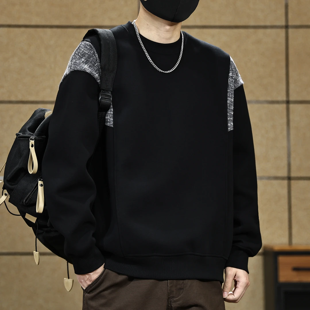 美式潮牌复古撞色拼接男士卫衣春秋新款宽松大码圆领重磅百搭上衣