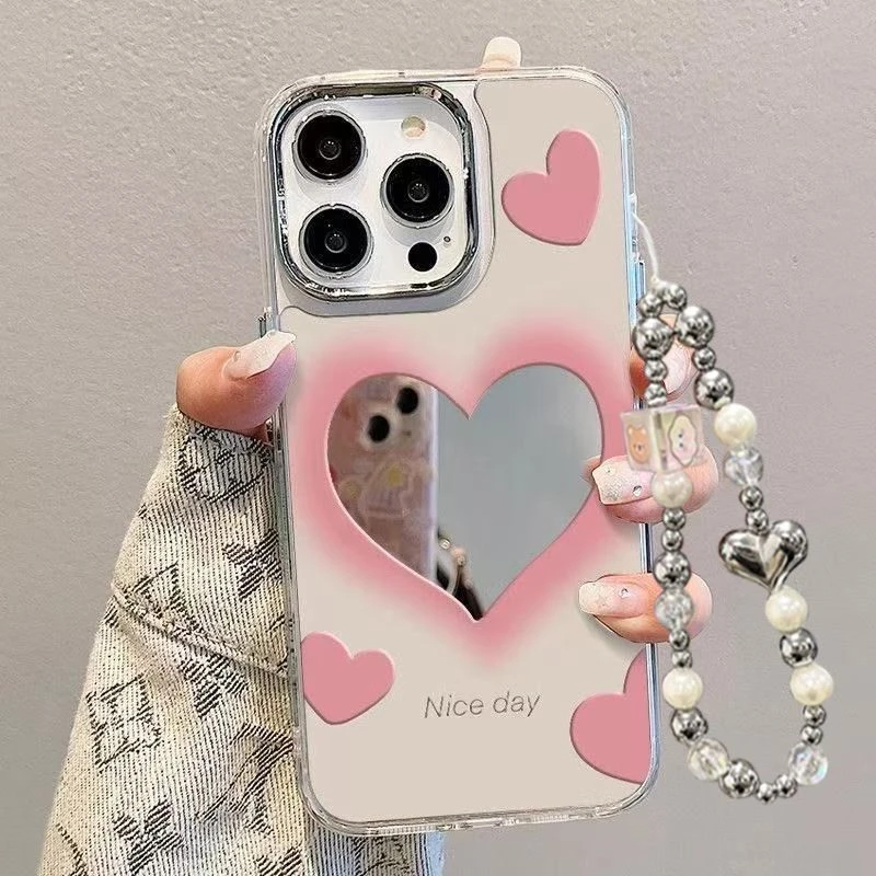 粉色爱心适用iphone16手机壳镜面苹果华为荣耀小米OPPOvivo防摔壳