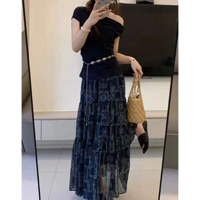 法式慵懒风中长款印花半身裙女2025春秋新款高腰显瘦百搭a字裙